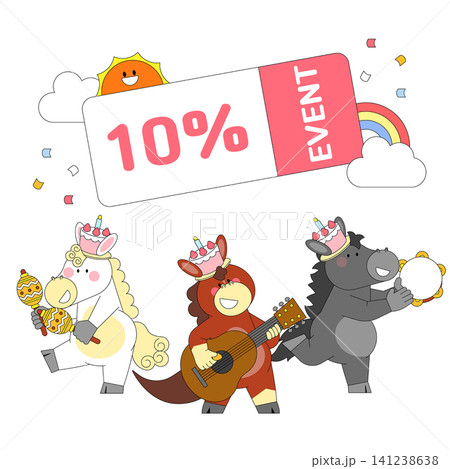 Three cartoon animals play instruments and wear crowns during a festive event. Music fills the air as they celebrate together with joy and fun. Three cartoon animals play instruments and wear crowns during a festive event. Music fills the air as they celebrate together with joy and fun. 141238638