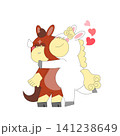Two cartoon characters stand close together and hug each other. Hearts float around them, showing their friendship. The setting is simple and colorful, without complex details. 141238649