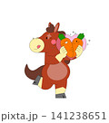 A cartoon horse with a cheerful face holds two carrots in the shape of a heart. The horse looks happy and is in a lighthearted pose, conveying joy and playfulness. 141238651