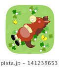A cartoon horse is lying on soft green grass. It looks happy as it rests with its eyes closed. Four-leaf clovers and butterflies surround the horse in the grass. 141238653
