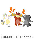 Three cartoon animals celebrate together by raising their drinks. One is a white horse, another is a red animal, and the last is a black horse. They cheer in a lively scene. 141238654