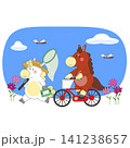 A cartoon sheep walks with a net in a sunny park while a cartoon horse rides a bicycle nearby. Flowers bloom around them under a clear blue sky with clouds. 141238657