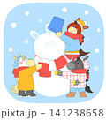 Four children enjoy winter by building a snowman. They wear warm clothes and add a blue bucket to the snowman's head. Snow falls around them in a bright blue sky. 141238658