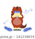 A cartoon character stands with a bowl in its hands. It has a surprised expression. Two fish are placed on the ground. The setting looks bright and playful. 141238659