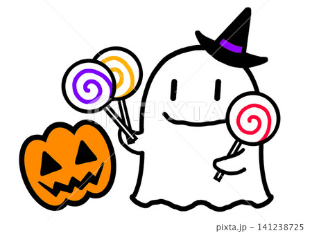 ハロウィンの可愛いオバケとお菓子とジャック・オー・ランタンのイラスト素材 ハロウィンの可愛いオバケとお菓子とジャック・オー・ランタンのイラスト素材 141238725