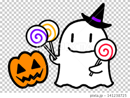 ハロウィンの可愛いオバケとお菓子とジャック・オー・ランタンのイラスト素材 ハロウィンの可愛いオバケとお菓子とジャック・オー・ランタンのイラスト素材 141238725