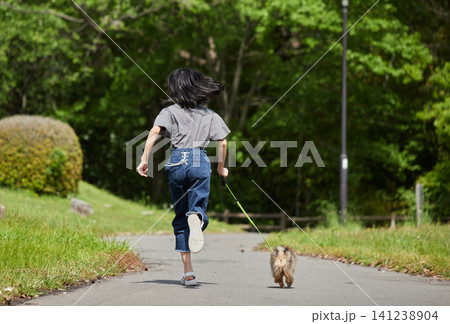 春の公園で可愛いポメラニアンの子犬を抱っこして散歩する私服の十代の女の子の姿 春の公園で可愛いポメラニアンの子犬を抱っこして散歩する私服の十代の女の子の姿 141238904