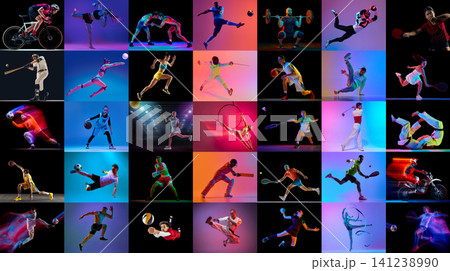 Colorful sports social media set with athletes performing multiple disciplines on dark backgrounds Colorful sports social media set with athletes performing multiple disciplines on dark backgrounds 141238990