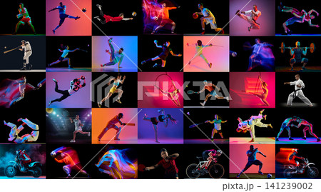 Neon sports collection with athletes performing dynamic actions on dark backgrounds Neon sports collection with athletes performing dynamic actions on dark backgrounds 141239002