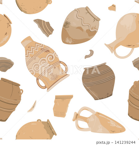 Old ceramic jugs, pots, and potsherds seamless pattern. Terracotta earthenware background. Hand drawn vector illustration Old ceramic jugs, pots, and potsherds seamless pattern. Terracotta earthenware background. Hand drawn vector illustration 141239244