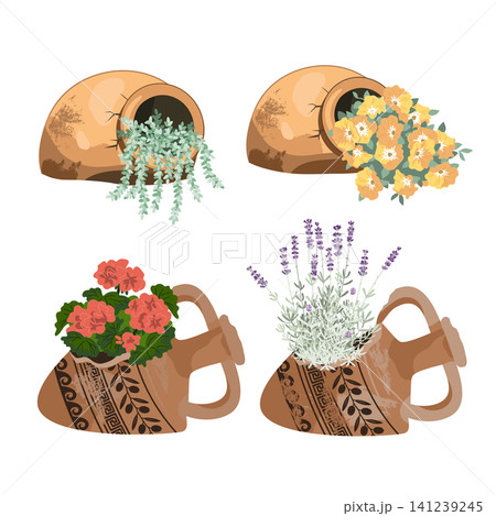 Flowers Potted in the Broken amphoras. Gardens decorative elements collection isolated on a white background. Vector illustration 141239245