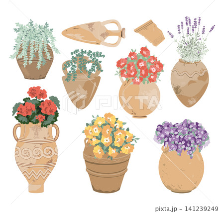 Set of Flowers Potted in the earthenware pottery. Gardens decorative elements collection isolated on a white background. Vector illustration Set of Flowers Potted in the earthenware pottery. Gardens decorative elements collection isolated on a white background. Vector illustration 141239249