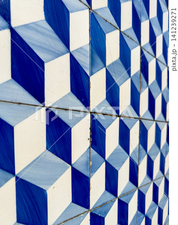 Perspective view of geometric blue azulejo tiles Perspective view of geometric blue azulejo tiles 141239271
