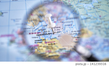 Map showing a marked location with a magnifying glass in Copenhagen Map showing a marked location with a magnifying glass in Copenhagen 141239316