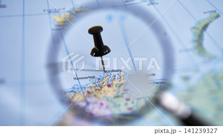 Focus on the destination of Nordkapp with a close-up of a map Focus on the destination of Nordkapp with a close-up of a map 141239327