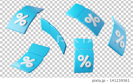 Flying 3d blue discount tags with percent signs, isolated on background. Coupon label for promotion, sales, banners. 3d render Flying 3d blue discount tags with percent signs, isolated on background. Coupon label for promotion, sales, banners. 3d render 141239361