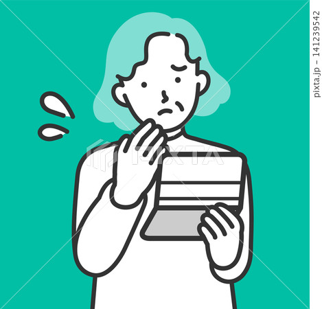 紙の通帳を見て悩むシニア女性のイラスト!年金生活の不安や老後の貯金が足りない悩みの解説に 紙の通帳を見て悩むシニア女性のイラスト!年金生活の不安や老後の貯金が足りない悩みの解説に 141239542