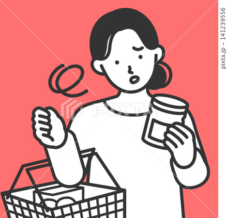 食費や物価高に悩む若い女性が買い物中に商品の瓶を見つめて家計簿や家計管理を意識している線画イラスト 食費や物価高に悩む若い女性が買い物中に商品の瓶を見つめて家計簿や家計管理を意識している線画イラスト 141239556