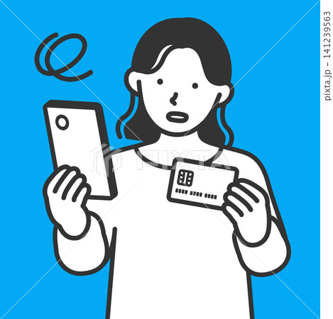 クレジットカード支払いやリボ払いの請求にスマホを見て困る若い女性の家計管理お金の悩みイラスト クレジットカード支払いやリボ払いの請求にスマホを見て困る若い女性の家計管理お金の悩みイラスト 141239563