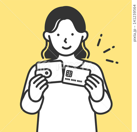 クレジットカードやリボ払いの支払いの悩みが解決して財布を手に安心して笑顔の若い女性イラスト クレジットカードやリボ払いの支払いの悩みが解決して財布を手に安心して笑顔の若い女性イラスト 141239564