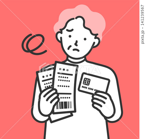 たくさんのレシートや利用明細を前にクレジットカードの支払いやリボ払いの家計管理に困るシニア女性イラス たくさんのレシートや利用明細を前にクレジットカードの支払いやリボ払いの家計管理に困るシニア女性イラス 141239567