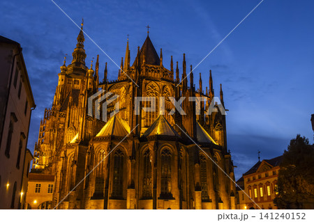 Saint Vitus Cathedral illuminating Prague Castle at twilight Saint Vitus Cathedral illuminating Prague Castle at twilight 141240152