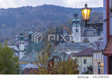 Banska Stiavnica old town cityscape with street lamp Banska Stiavnica old town cityscape with street lamp 141240195