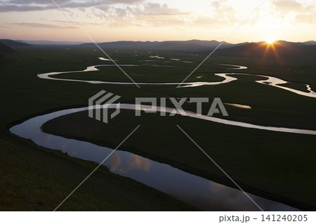 Sunset River Landscape with Winding Waterway and Green Valley Sunset River Landscape with Winding Waterway and Green Valley 141240205