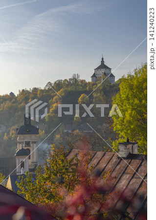Old Castle crowning Banska Stiavnica autumn cityscape Old Castle crowning Banska Stiavnica autumn cityscape 141240223