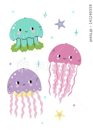 A set of cute brightly colored jellyfish of various shapes. Vector graphics. 141240359