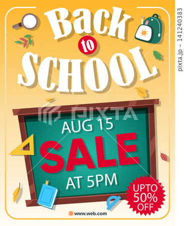 Engaging Back to School event poster featuring a blackboard design, autumn leaves, school items, and bold sale typography, highlighting a fifty percent discount offer, perfect for retailers to announc 141240383