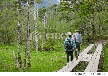 初夏の観光名所上高地の新緑の森の風景と観光客の姿 初夏の観光名所上高地の新緑の森の風景と観光客の姿 141240474