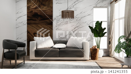 Modern room interior wabisabi style mint Armchair onEmpty room wabi sabi style. 3D illustration rendering 141241355