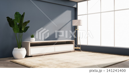 Tv cabinet in modern zen living room on dark blue wall background,3d rendering 141241400