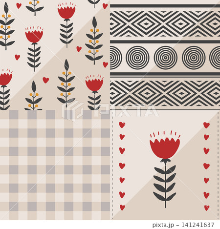 Stylish folk flower patchwork seamless pattern. Ornament in black, beige and red colors. Geometric background. Vector illustration, Stylish folk flower patchwork seamless pattern. Ornament in black, beige and red colors. Geometric background. Vector illustration, 141241637
