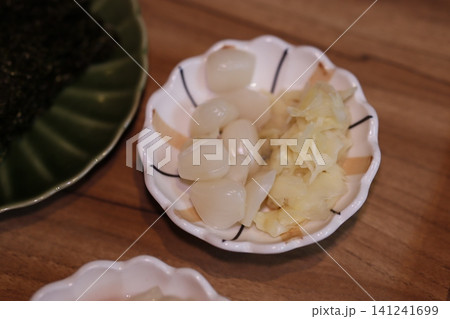 Fresh Seafood Garnish in Ceramic Dish 141241699
