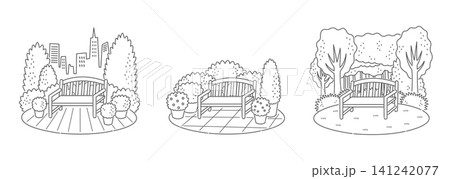 木製ベンチのある小さな風景 線画イラスト3点セット 木製ベンチのある小さな風景 線画イラスト3点セット 141242077