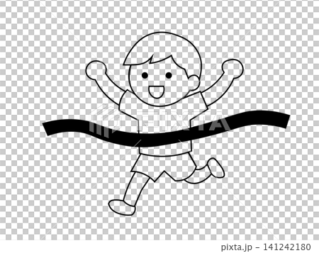 A black and white illustration of a child crossing the finish line at a school sports day. A black and white illustration of a child crossing the finish line at a school sports day. 141242180