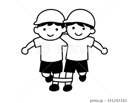 運動会で二人三脚をする子供たちの白黒イラスト 141242183
