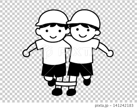 運動会で二人三脚をする子供たちの白黒イラスト 141242183