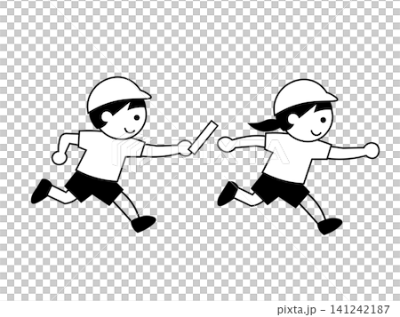A black and white illustration of a relay race where batons are passed at a school sports day. A black and white illustration of a relay race where batons are passed at a school sports day. 141242187