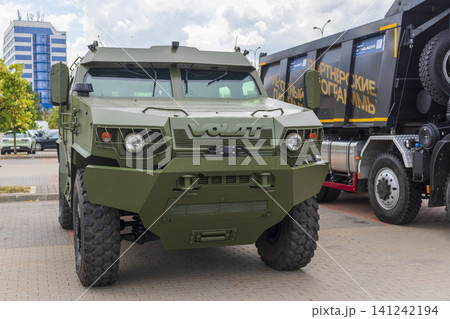 MINSK, BELARUS - JULY 3, 2026: Exhibition of heavy military equipment and trucks on the square outside Chizhovka Arena during Independence Day celebrations. MINSK, BELARUS - JULY 3, 2026: Exhibition of heavy military equipment and trucks on the square outside Chizhovka Arena during Independence Day celebrations. 141242194