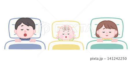 ぐっすり眠る親子（パパ、ママ、赤ちゃん） 141242250