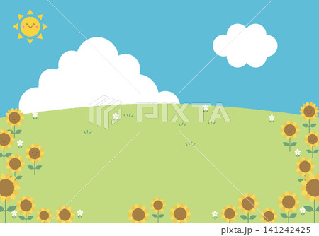 【ベクター】ひまわり畑フレームの夏背景　かわいい背景イラスト 141242425