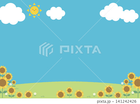 【ベクター】青空とひまわりの夏風景背景 かわいい背景イラスト 【ベクター】青空とひまわりの夏風景背景 かわいい背景イラスト 141242426