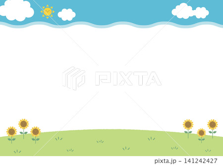 【ベクター】雲ボーダーとひまわりの夏背景 コピースペース付き背景イラスト 【ベクター】雲ボーダーとひまわりの夏背景 コピースペース付き背景イラスト 141242427