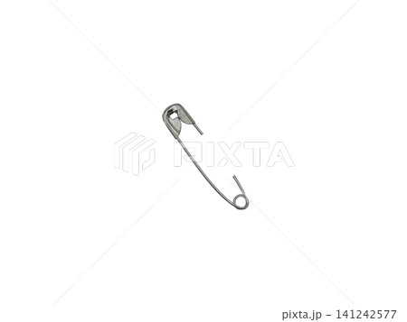 Single opened silver safety pin isolated on white background, close up shot of metallic fastener. Single opened silver safety pin isolated on white background, close up shot of metallic fastener. 141242577
