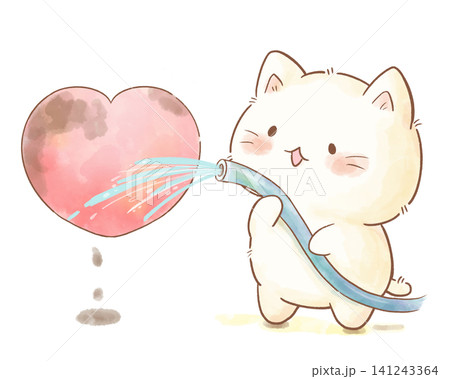 汚れたハートをホースで優しく洗い流すかわいい白猫 水彩手描き風イラスト メンタルケア・癒やしの素材 141243364