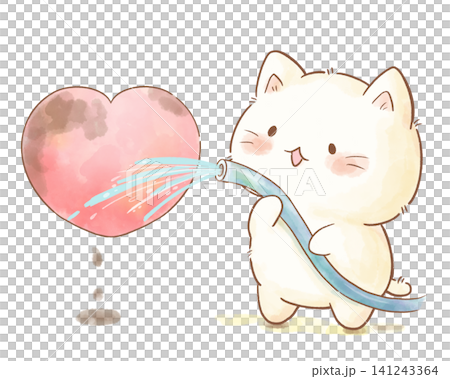 汚れたハートをホースで優しく洗い流すかわいい白猫 水彩手描き風イラスト メンタルケア・癒やしの素材 141243364