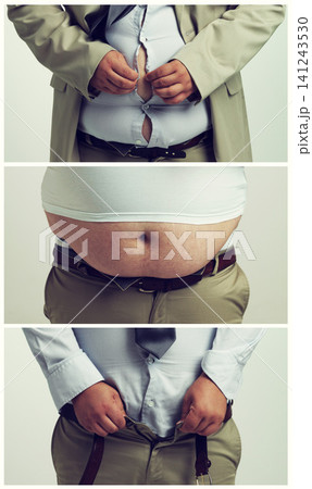 Composite, plus size and body of man for transformation, weight loss and abdomen with white background. Professional, stomach and male person for struggle, pants and shirt on studio backdrop 141243530